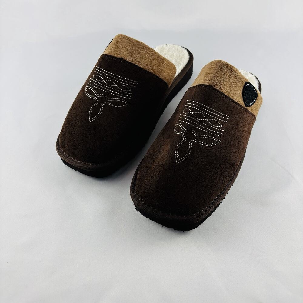 Men’s Cowboy Tan Suede Slip-On Mule Slippers Faux Fur Lined Rubber Sole 10